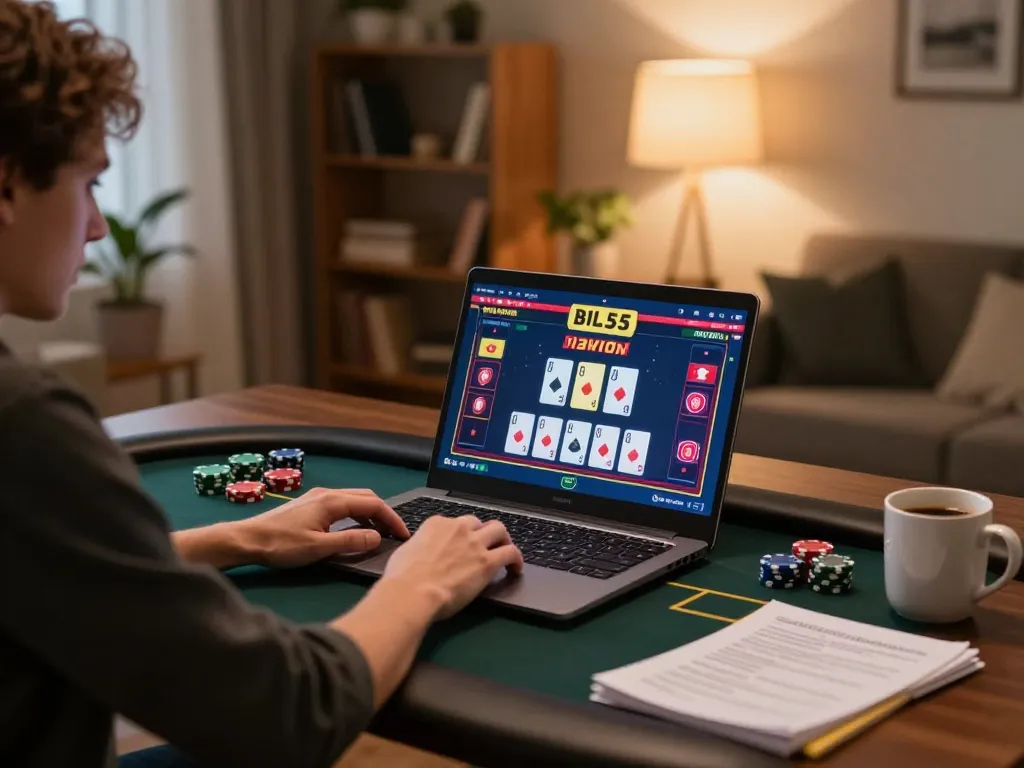 Engaging gameplay at bl555 online casino featuring poker on laptop in a cozy home setting.
