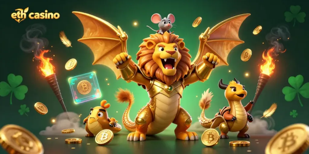 Experience the thrill of eth casino with a roaring chimera and crypto elements in a vibrant, dynamic scene.