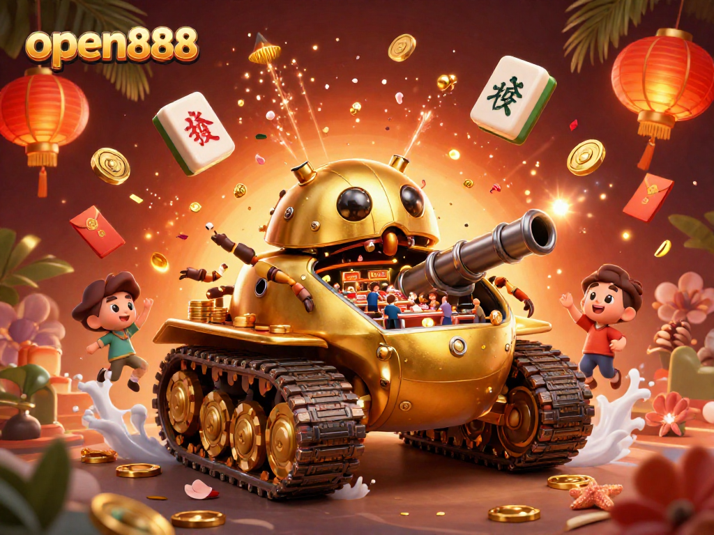 Experience the excitement of open888 with a vivid 3D casino scene filled with festive elements.