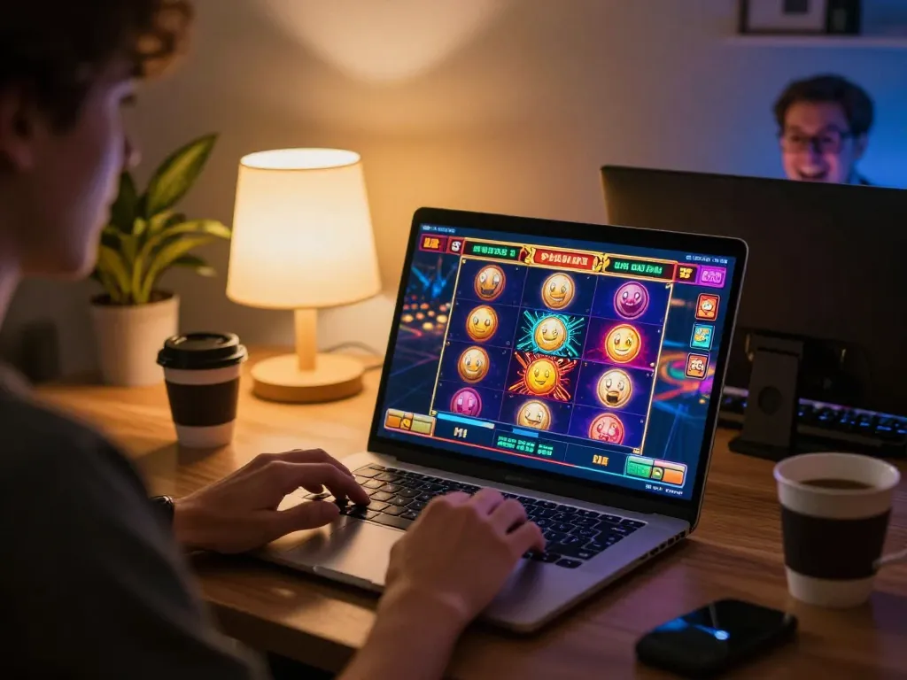 cm88 player engaged with online slots on laptop, enjoying responsible gaming in cozy setup