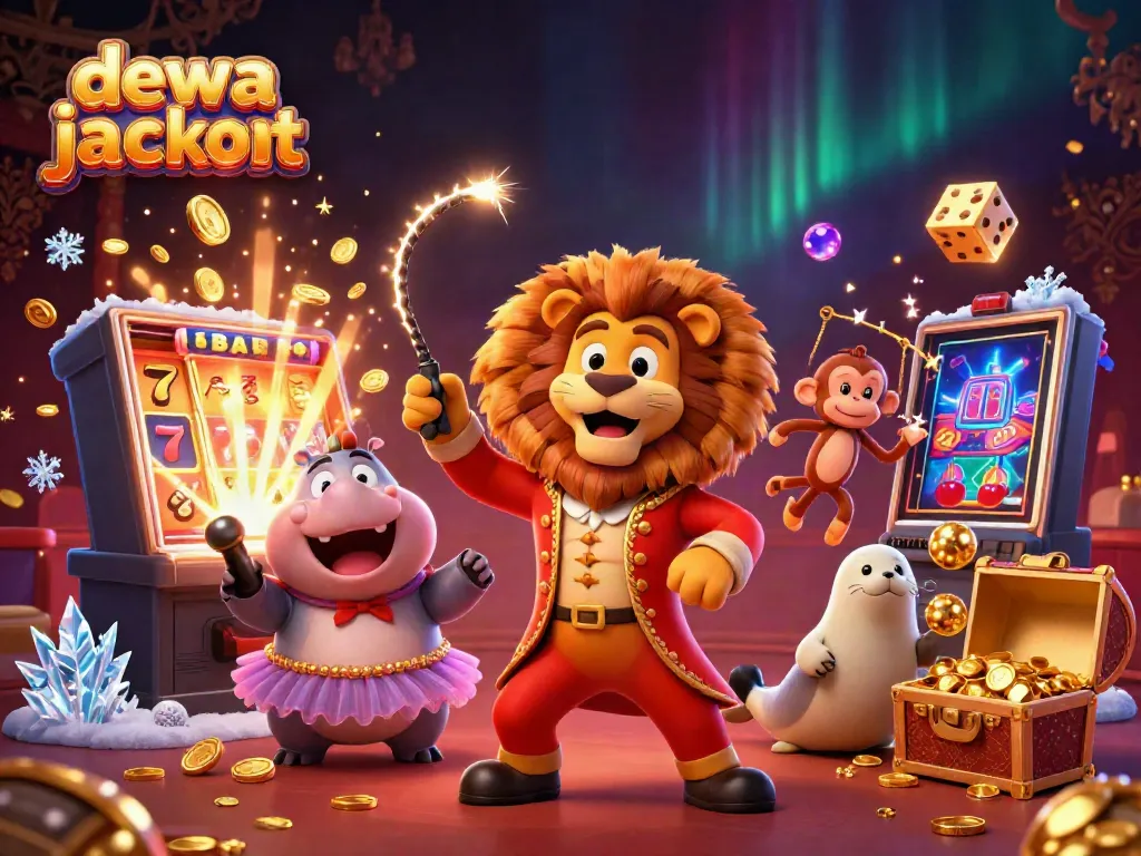 Jelajahi dewa jackpot dengan ilustrasi karakter 3D sirkus dalam suasana permainan kasino penuh keceriaan.
