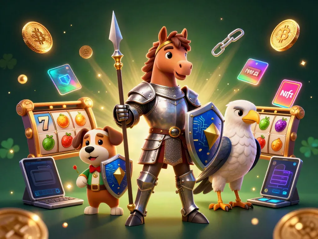 Experience vibrant slot action with a knight, puppy, and falcon amidst golden coins.