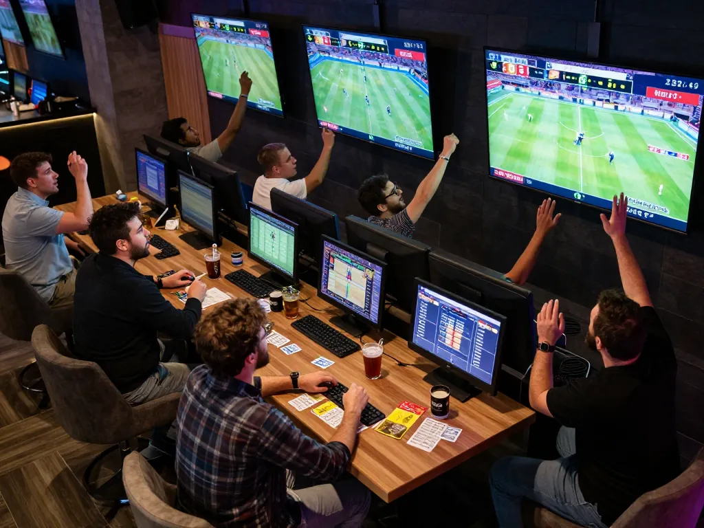Engaged sports bettors excitedly placing wagers on Da88 at a modern sports bar with multiple screens