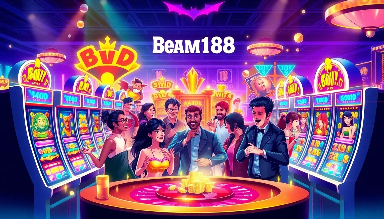 Experience the thrill of Batman138 as players engage with vibrant slot machines in a luxurious casino.