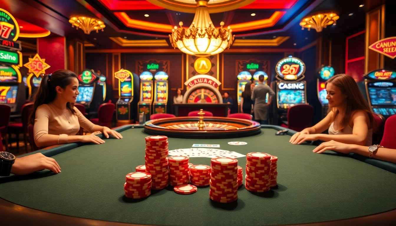 Engaging scene at nhà cái thabet casino featuring poker chips and vibrant slot machines.