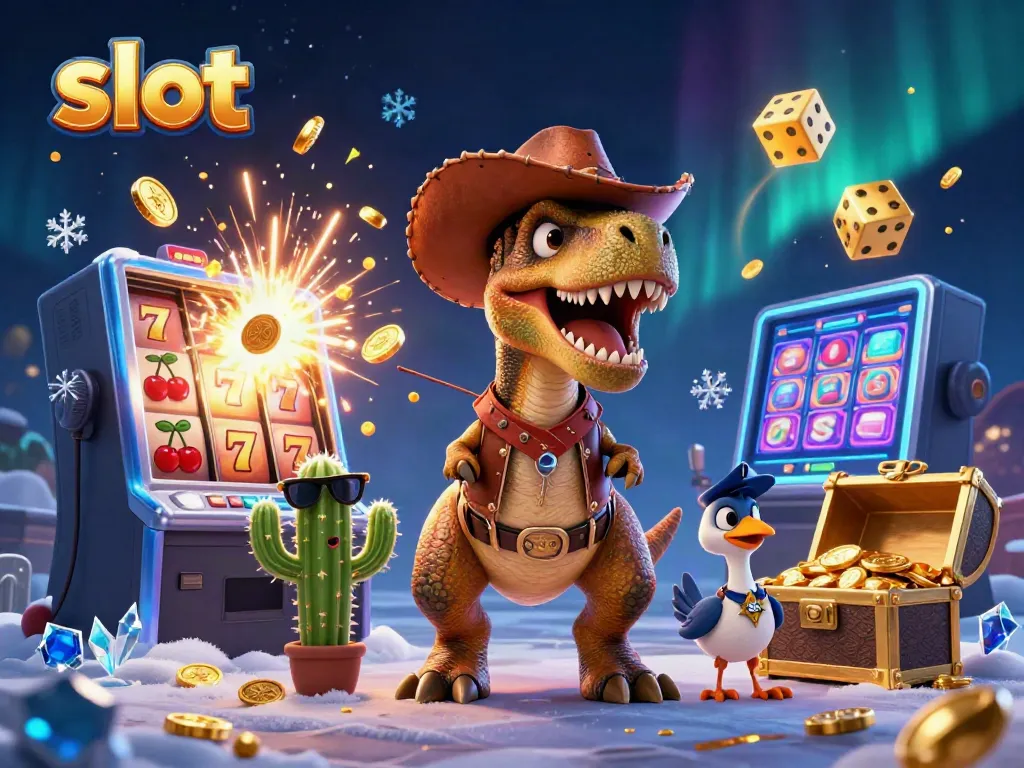 Slot berkualitas tinggi dalam ilustrasi 3D menampilkan dinosaur koboi, kaktus, dan burung road-runner.
