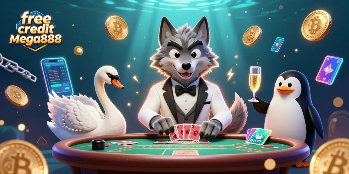 Claim free credit mega888 with lavish casino characters enjoying baccarat while showcasing digital currencies