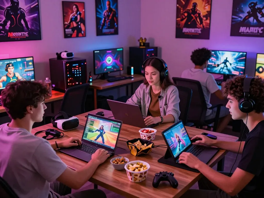 Group of friends enjoying interactive porngames on laptops and tablets in a lively room.