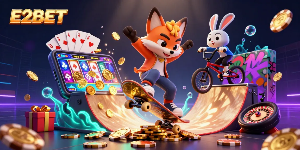 E2BET's vibrant casino illustration featuring a skateboarder fox and BMX rabbit amidst dynamic gaming elements.