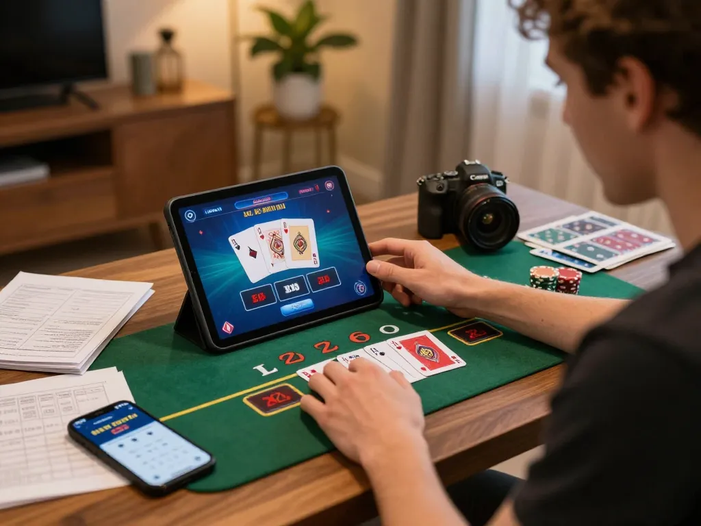 Player enjoying a thrilling game of kp88 live blackjack on tablet in a stylish home office.