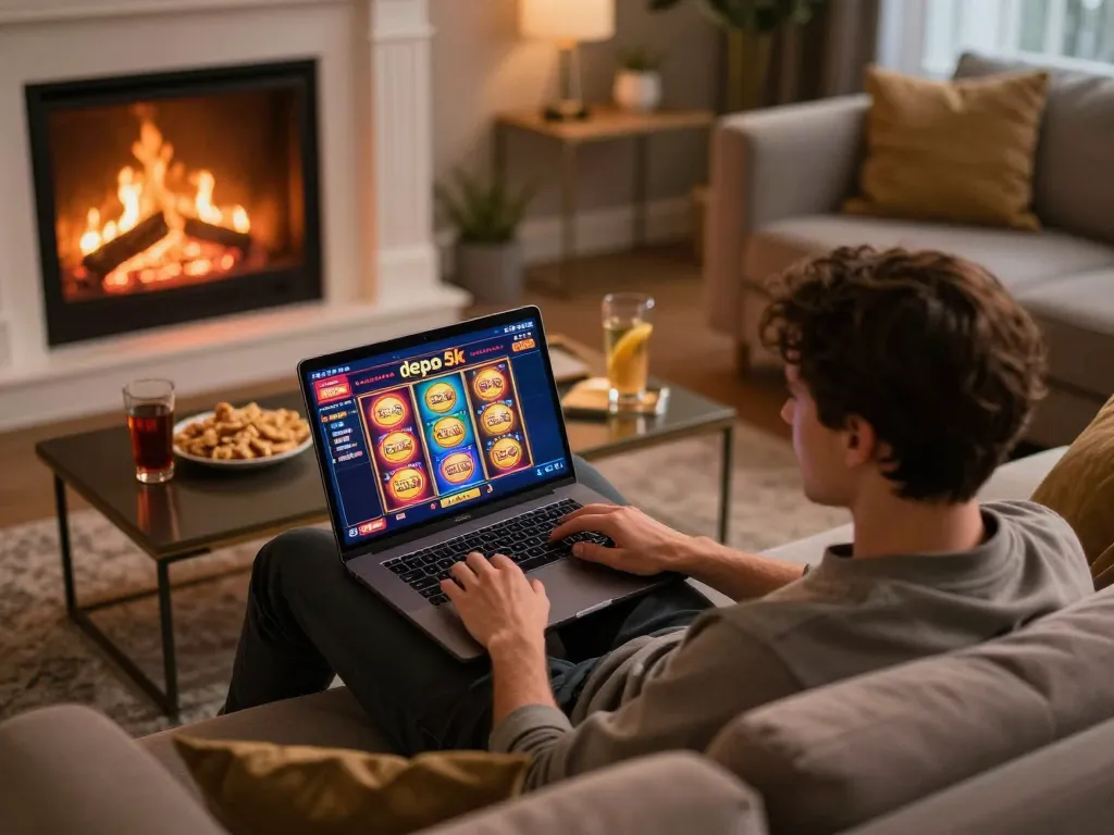 Engaging player enjoying slot depo 5k on laptop in a cozy home setting