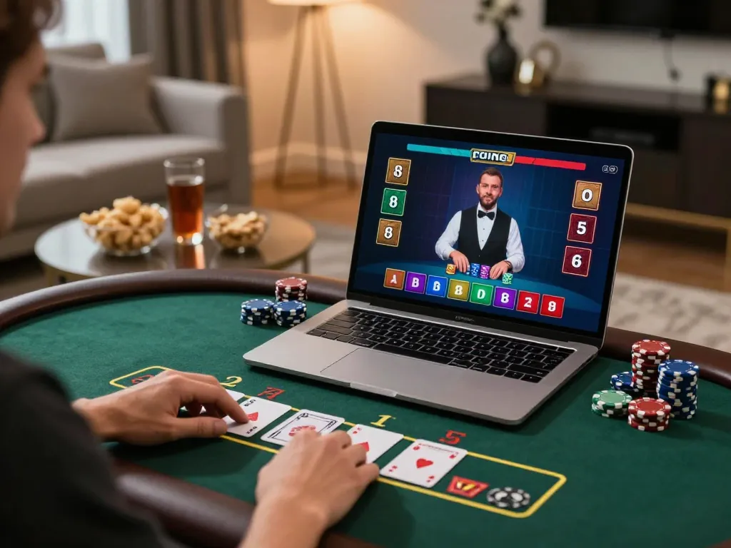 rik88 player enjoying live dealer blackjack on a laptop in a stylish home setting
