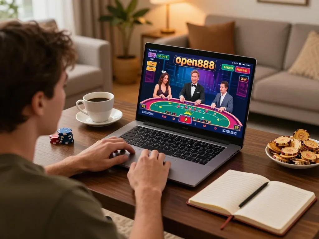 Player engaged in a live dealer game at open888 online casino from home setup with coffee and strategy notes.