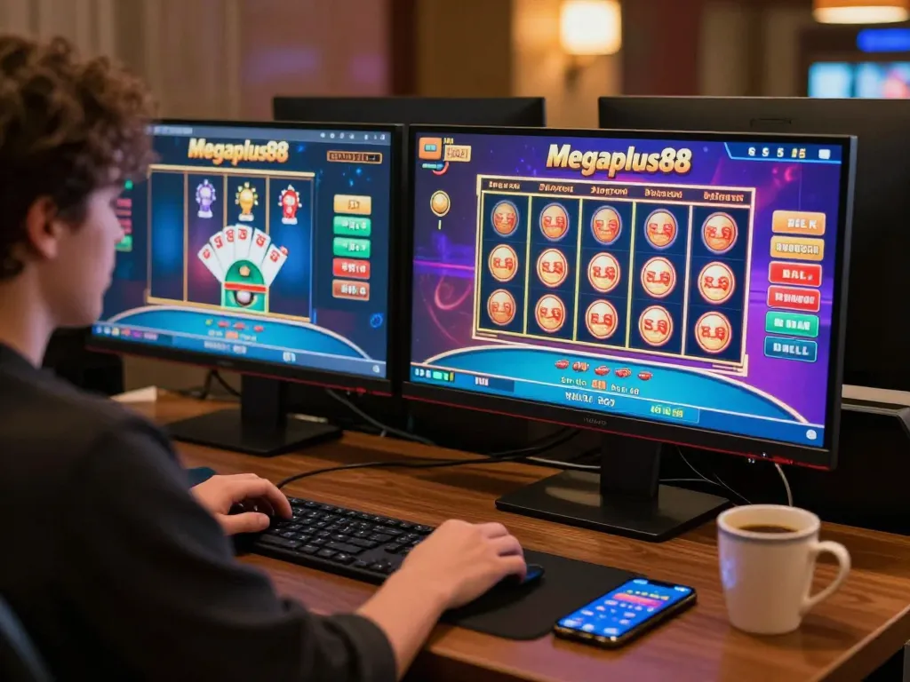 Player engaging with Megaplus88's online casino games in a cozy home office setup