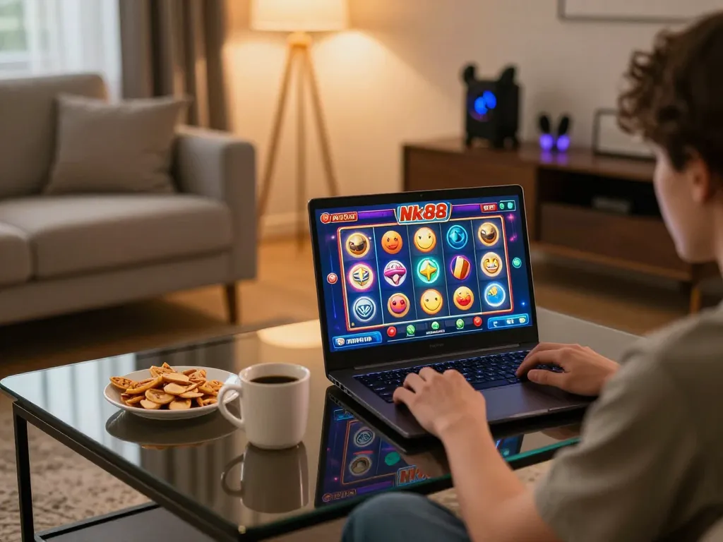 Engaged player enjoying the Nk88 game on a laptop in a cozy home setting, showcasing vibrant gaming graphics.