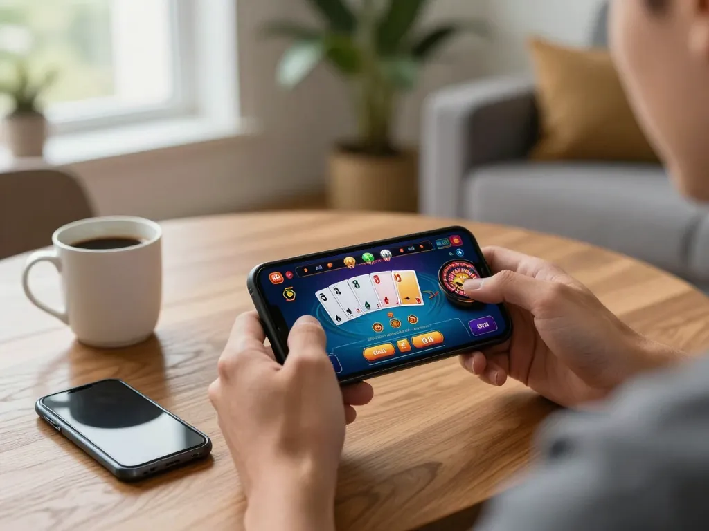PHTAYA player engaging in live casino gaming on smartphone in a cozy home setting.
