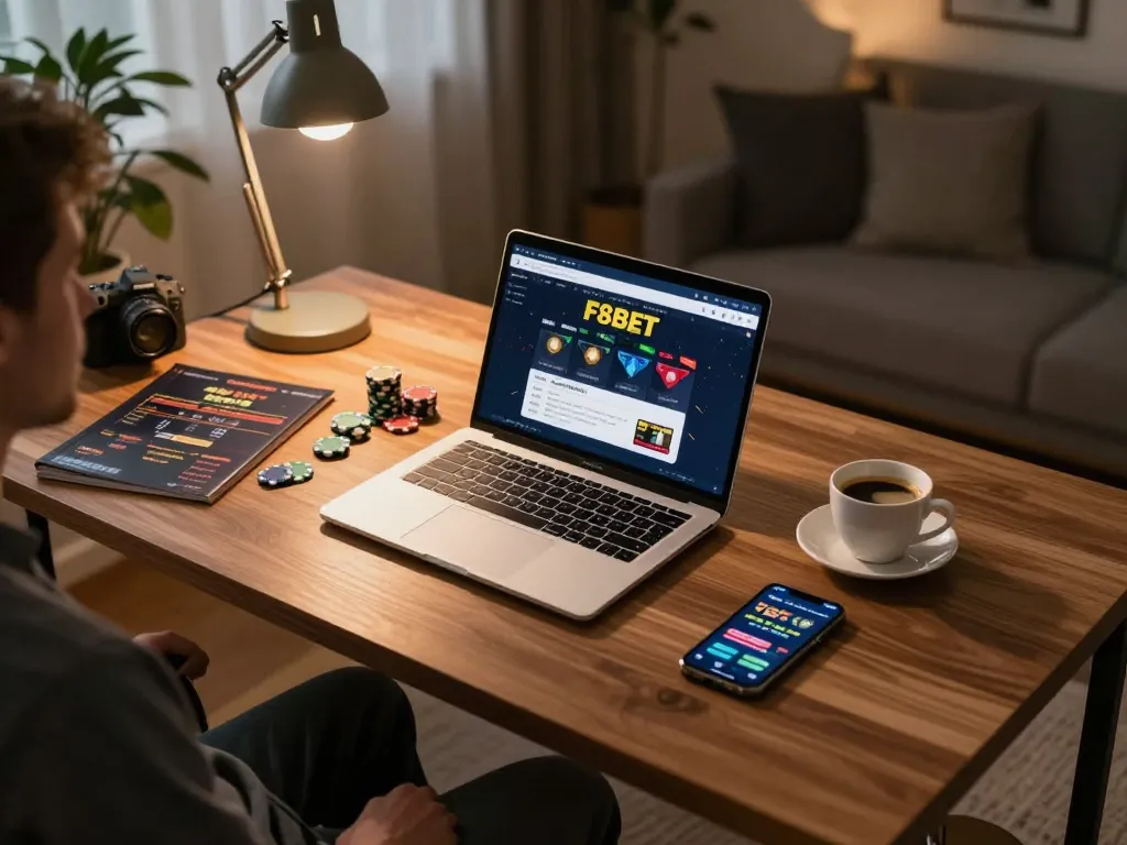 Player engaging with F8BET on a laptop for an enjoyable online betting experience.