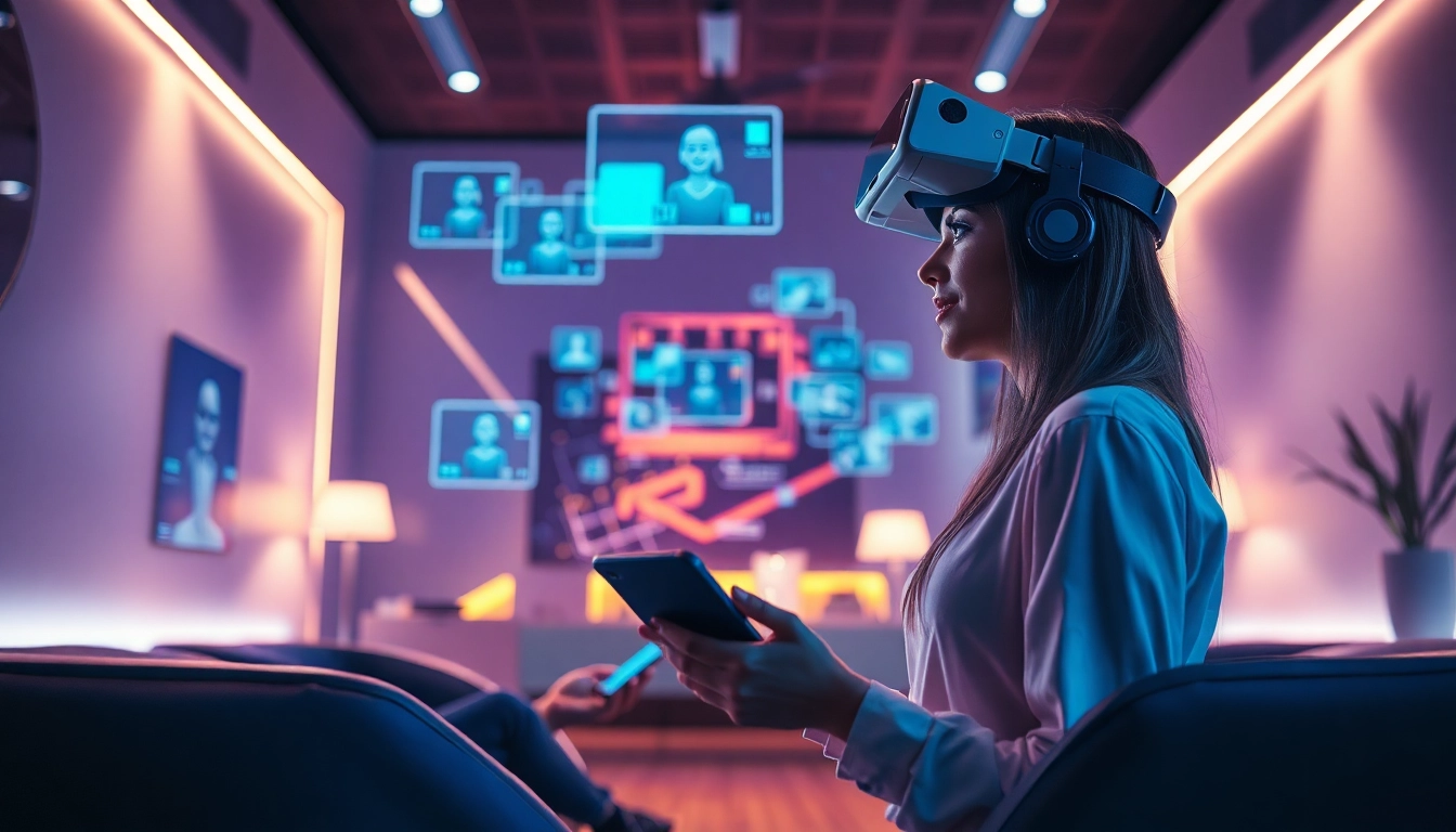 Engaging AI slut character in a futuristic dating environment with interactive digital elements.