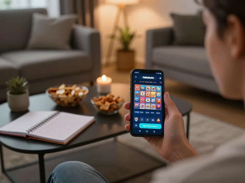 Engaging in slot nekatwin games on a smartphone in a cozy living room, highlighting a modern online gaming experience.