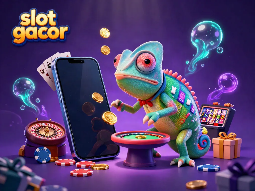 Menangkan slot gacor dengan ilustrasi 3D chameleon kasino yang menampilkan permainan slot dan berbagai elemen kasino.