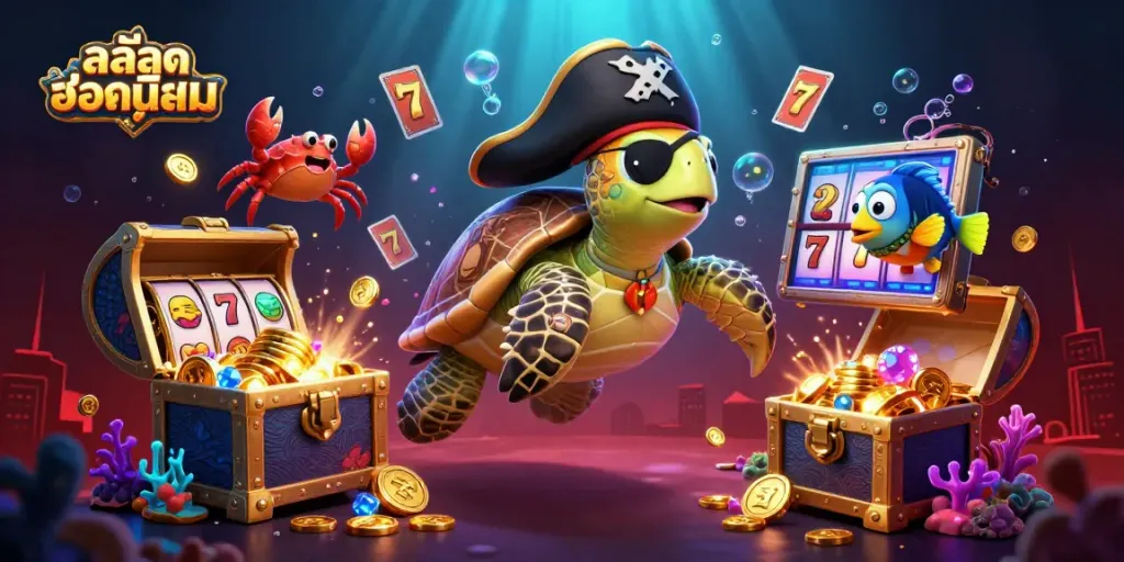 Engaging illustration of สล็อตยอดนิยม game with a cartoon pirate turtle, crab, and fish amidst vibrant casino elements.