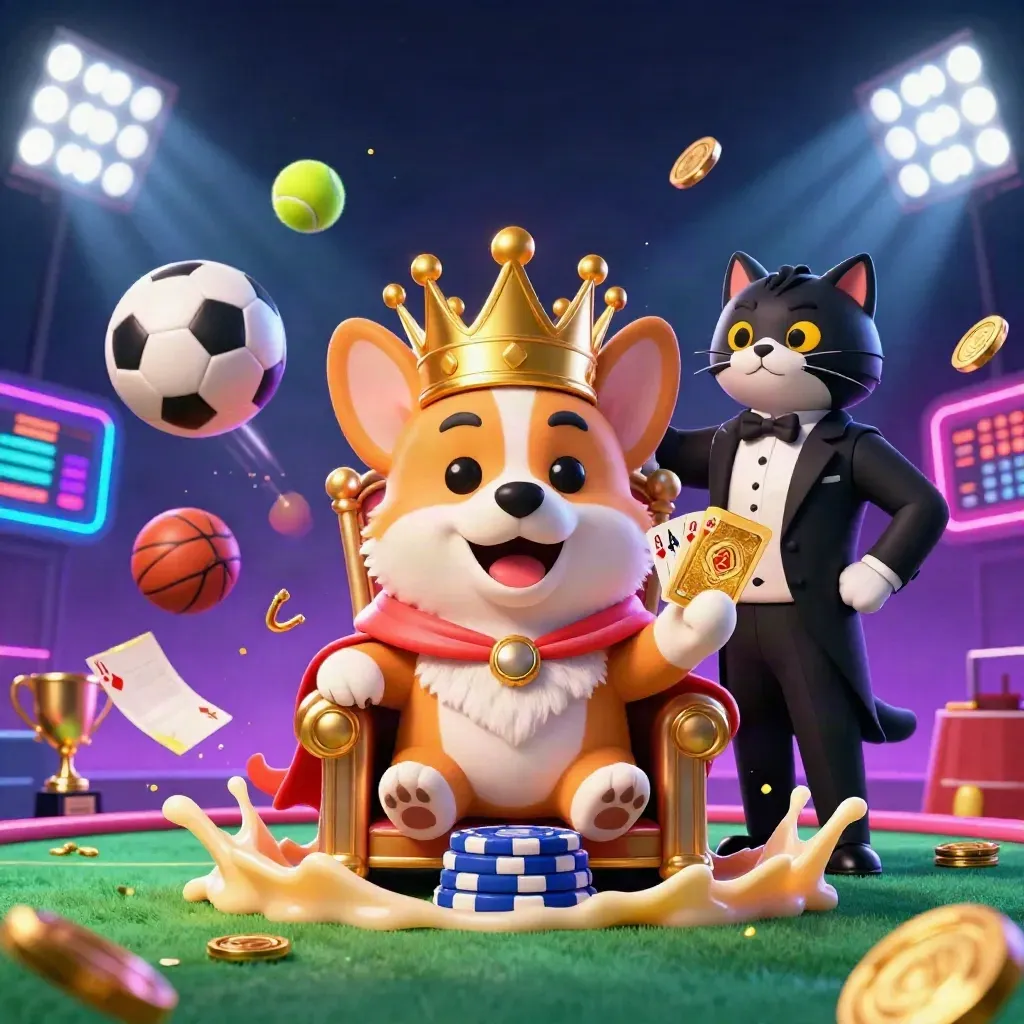 Low-angle neon corgi and cat butler amid flying sports balls, chips, coins, and floodlights.