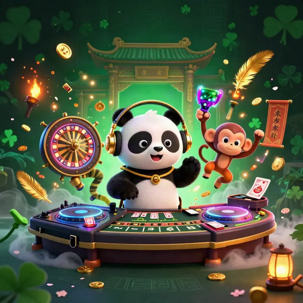 DJ panda, breakdancing monkey, and neon kitten blast casino magic in a dark emerald temple.