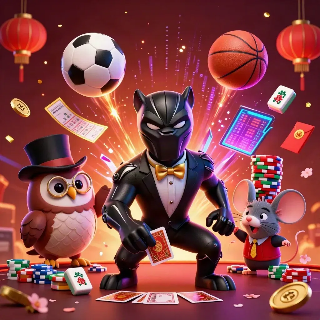 Black panther, owl and mouse amid casino charms, flying soccer ball, basketball and neon effects.