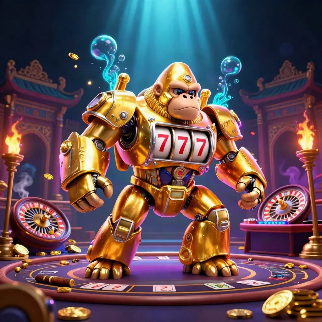 Golden gorilla mech with monkey pilot in a neon casino fantasy room, reels, temple gate, and spinning roulette