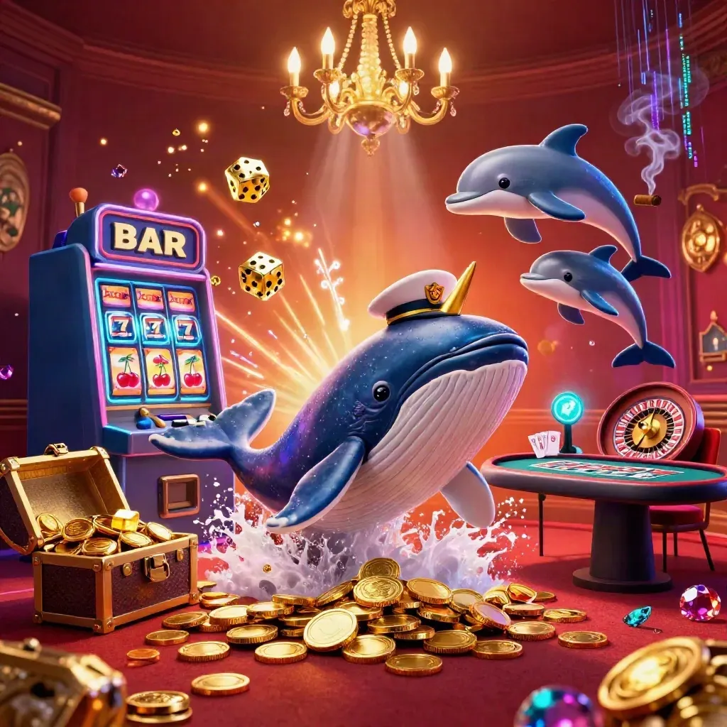 Whale captain and sea creatures amid casino bursts, roulette spin, neon gold glow