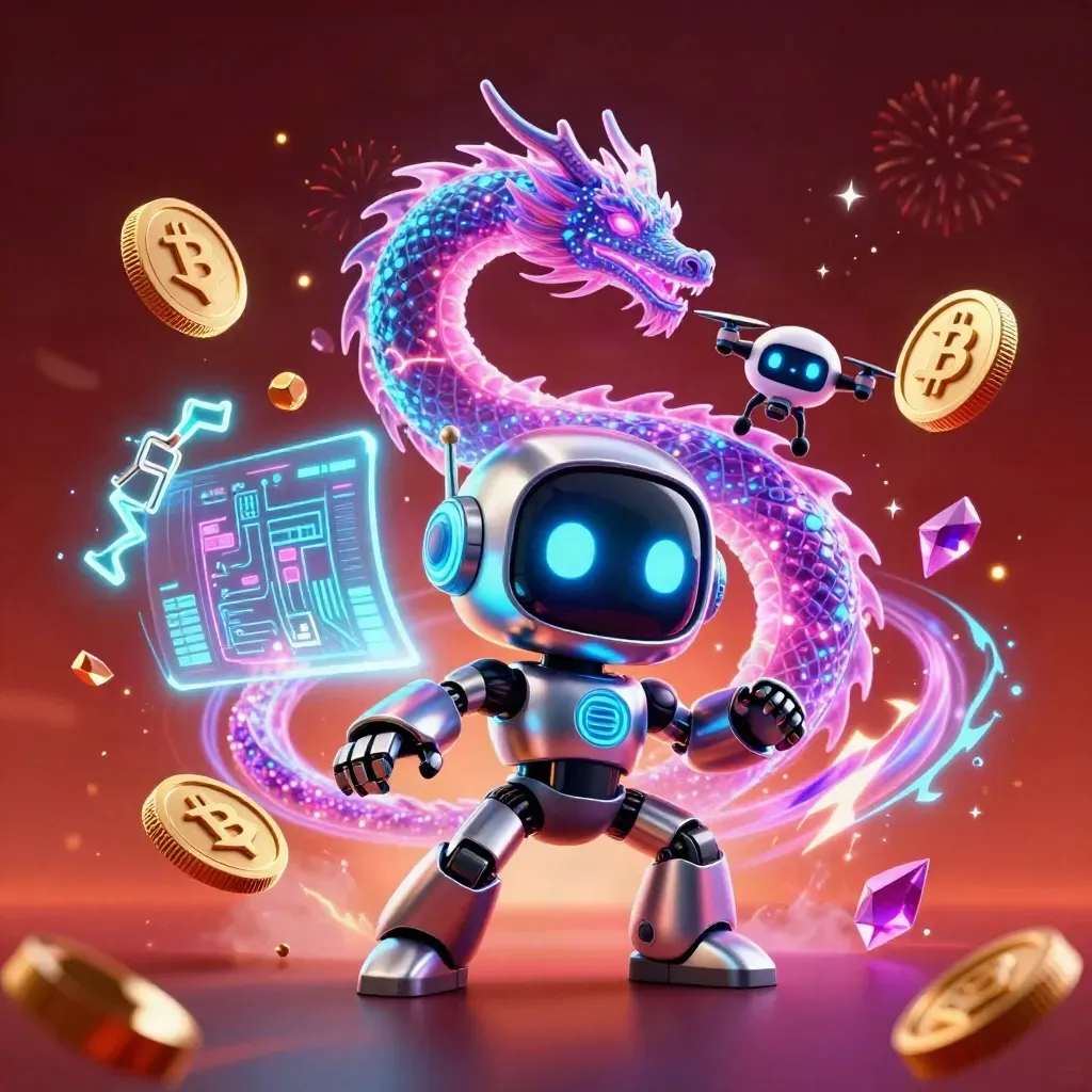 Chrome robot, holographic dragon and coin drone amid cyan coins, lightning and crimson embers.