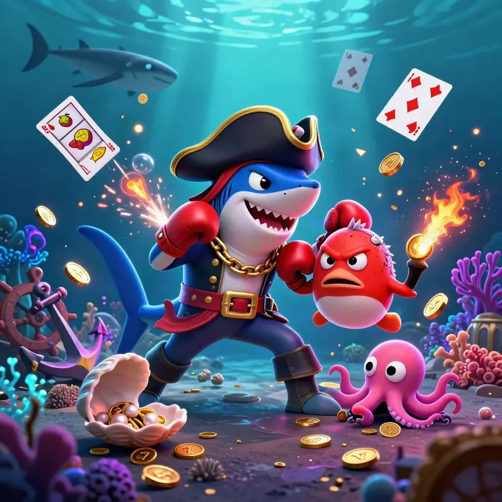 Pirate shark, boxing pufferfish, and juggling octopus amid neon treasure in an underwater casino cove.
