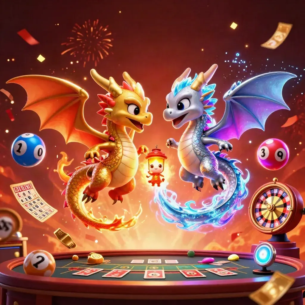 Twin gold and silver dragons in a neon casino sky, with wheels, balls, cards, and sparkling confetti.