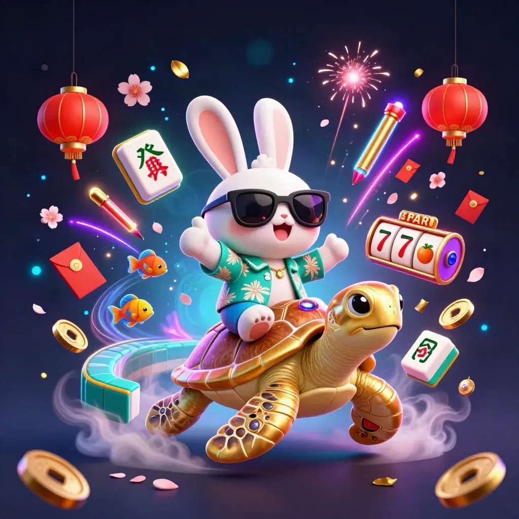Lucky rabbit rides gem-shell sea turtle amid neon casino treasures and tropical fish