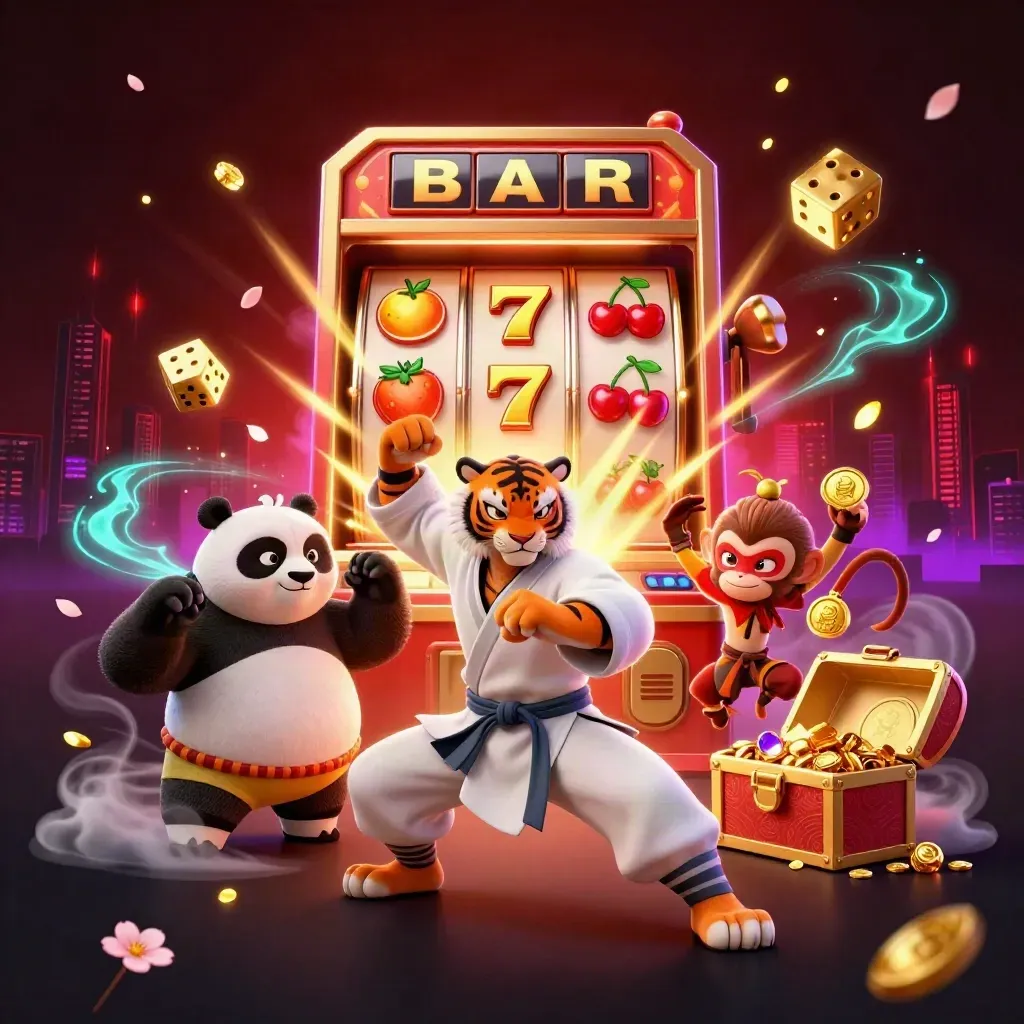 Tiger, panda, and monkey amid a bursting slot machine with gold, gems, and neon casino energy.