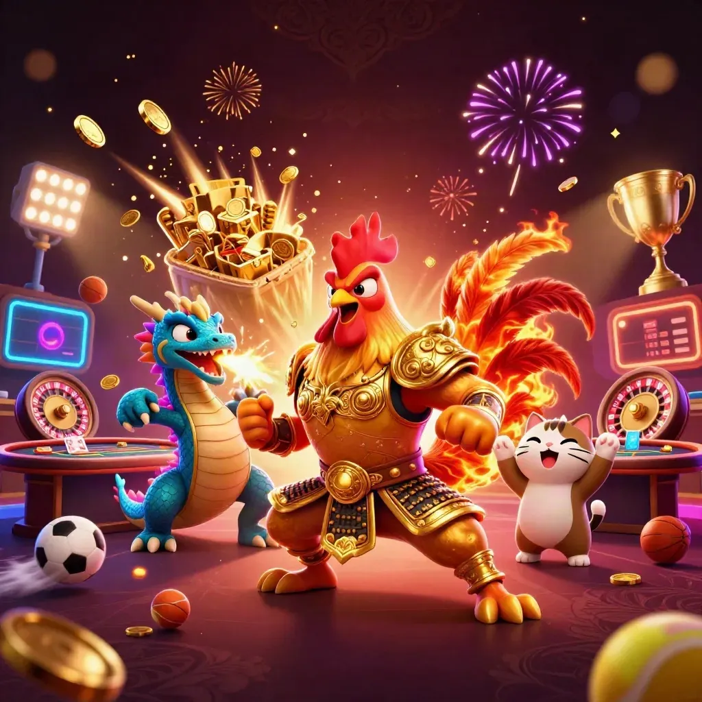 Rooster warrior, dragon hatchling and lucky cat amid gold coins, sparks and neon casino lights