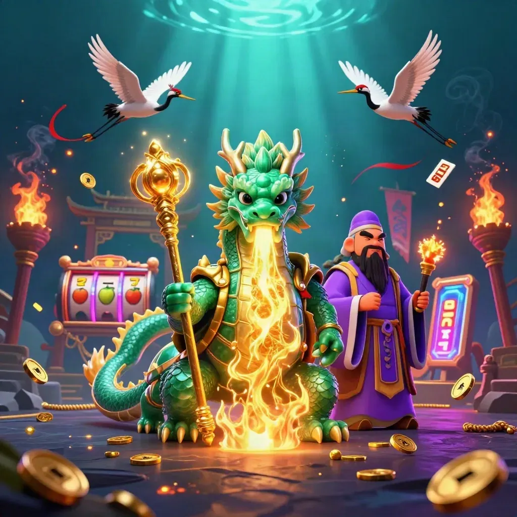 Jade dragon, turtle sage, and cranes amid casino treasure, fire, and neon glow