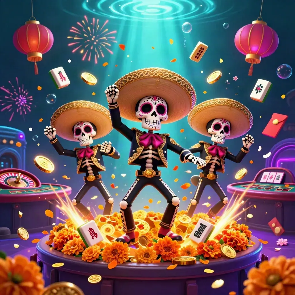 Skeleton mariachi trio exploding in a neon casino treasure burst underwater