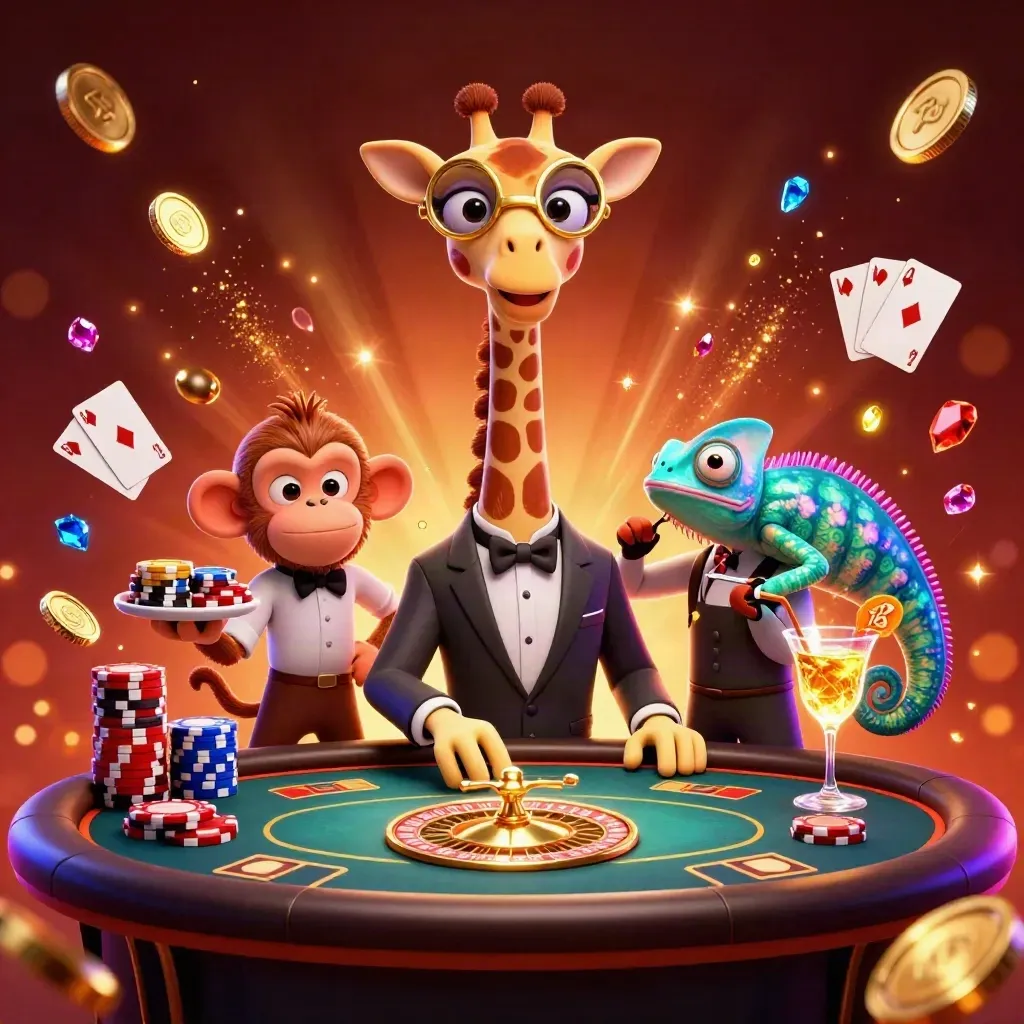 Giraffe high roller, monkey valet, and chameleon bartender amid coins, gems, chips, and a spinning roulette wheel.