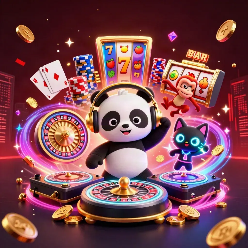 Neon casino trio of panda DJ, dancing monkey, and rave kitten amid coins and jackpots