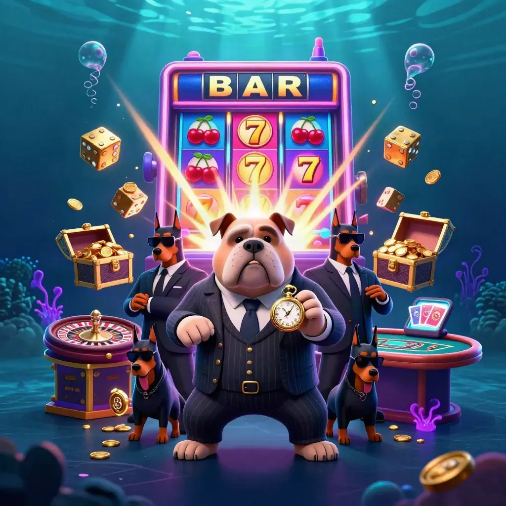 Cartoon bulldog boss and Doberman guards amid bursting slots, coins, and underwater neon casino glow.