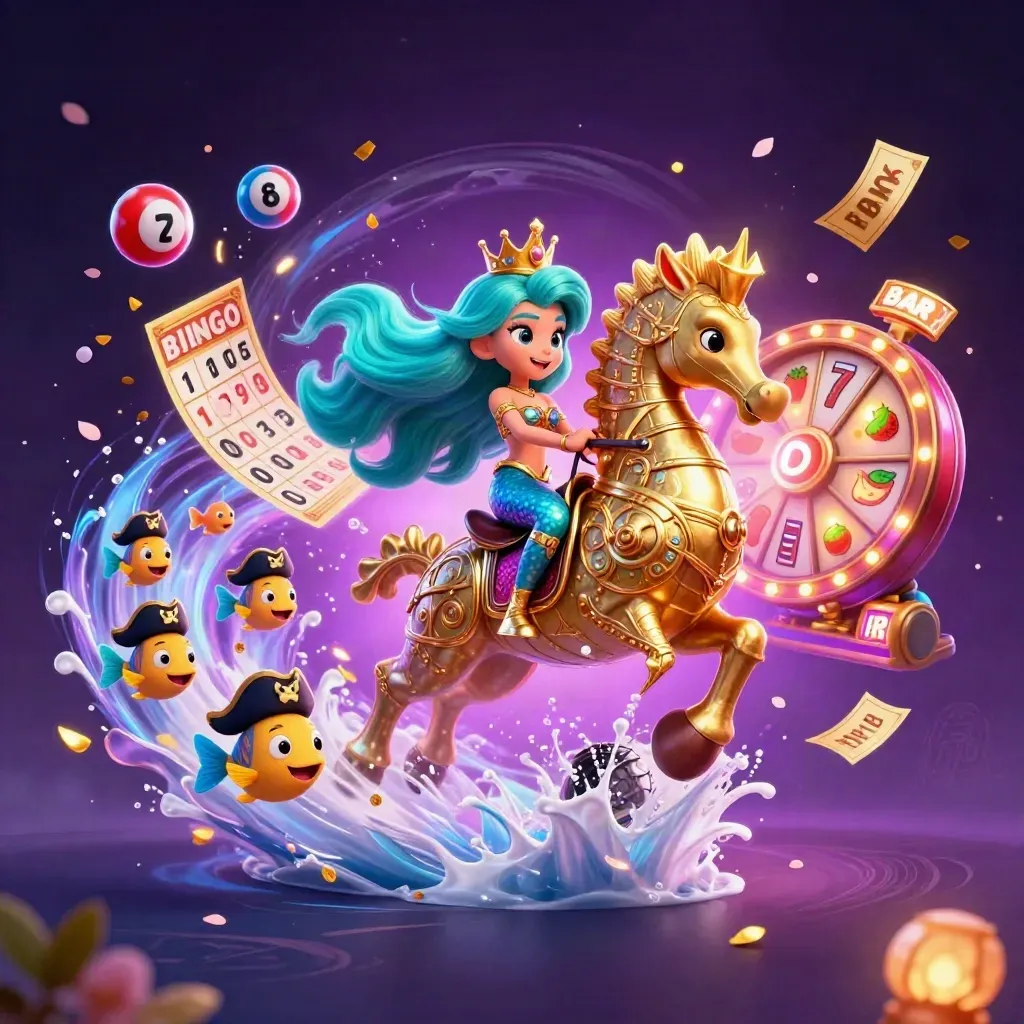 Mermaid princess on a seahorse with pirate fish, lotto balls, reels, and a glowing jackpot vortex.