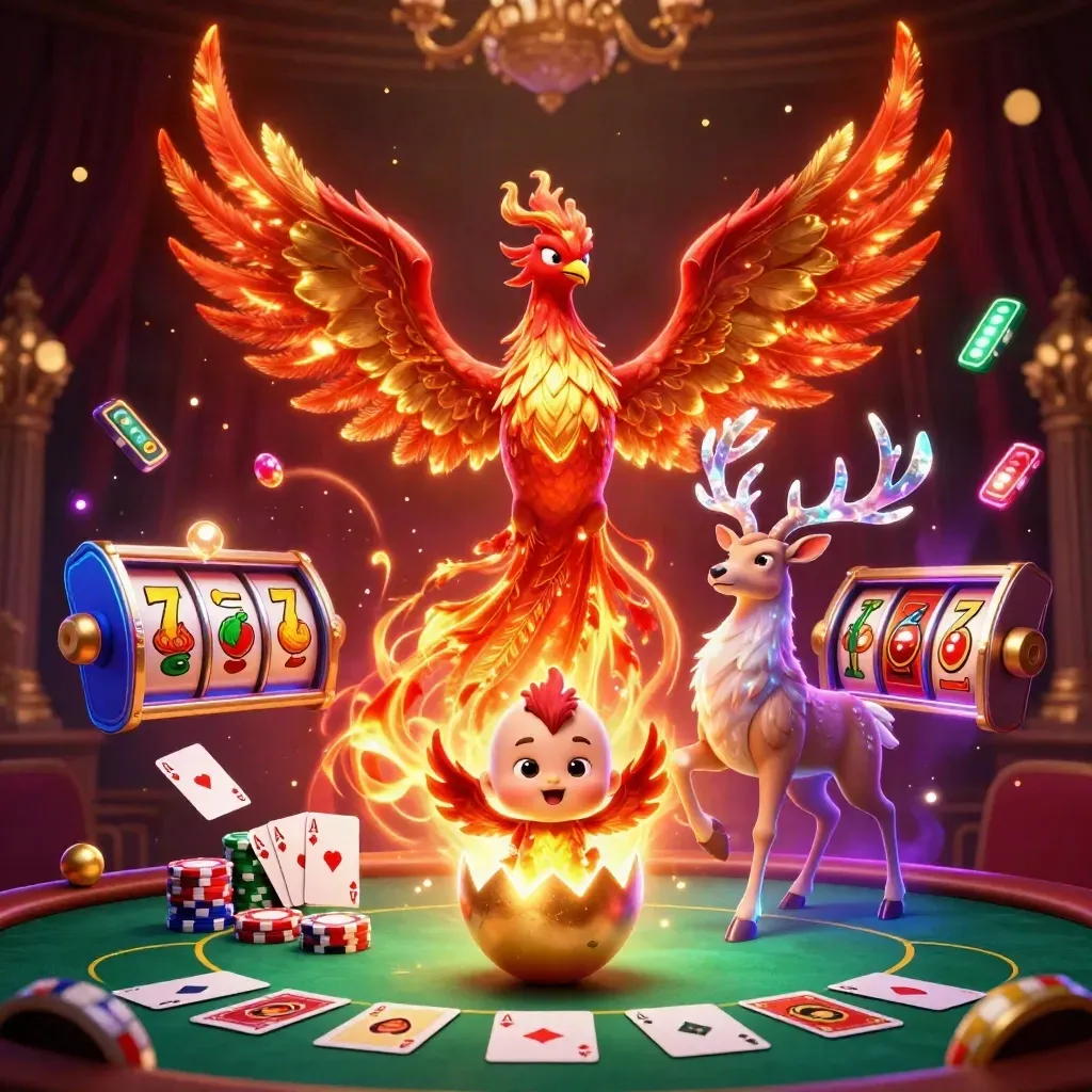 Phoenix, baby phoenix, and crystal stag amid casino cards, chips, reels, and gold glow.