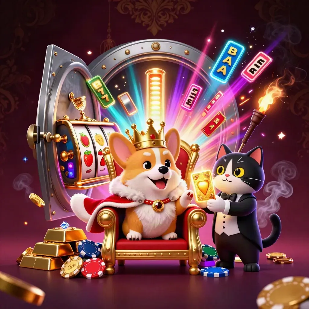 Royal corgi king and cat butler amid a vault burst, chips, gems, reels, and neon casino glow