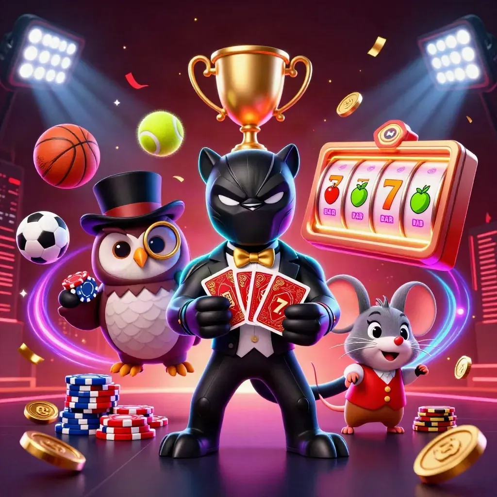 Panther, owl, and mouse casino mascots amid neon balls, coins, trophies, reels, and fireworks.