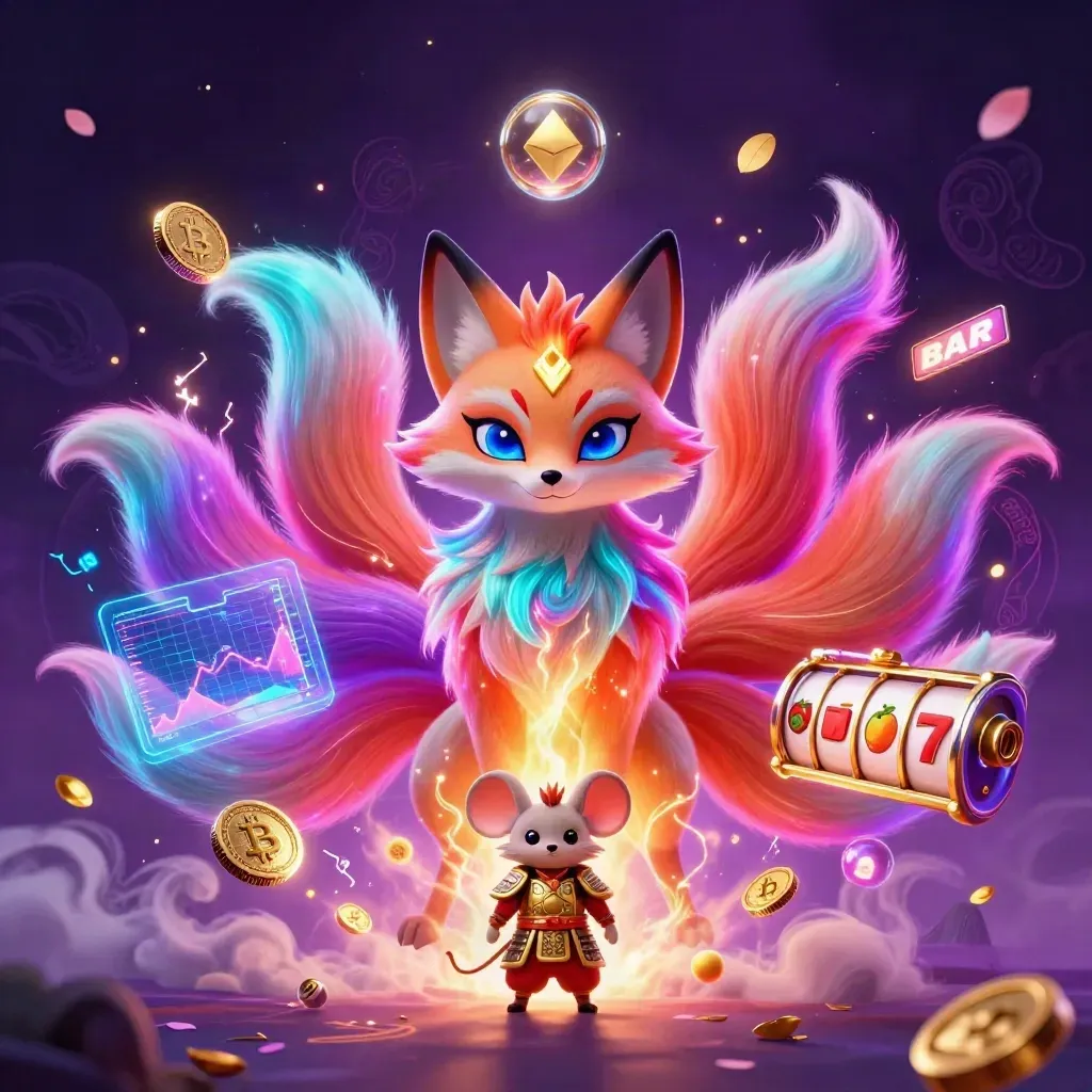 Nine-tailed neon fox spirit and golden mouse amid casino coins, lightning, petals, and runes.