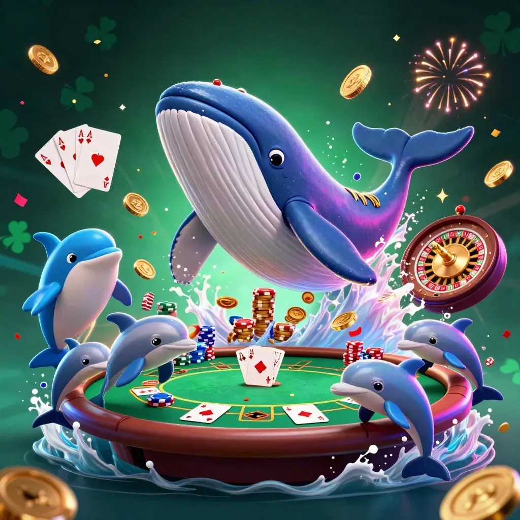 Whale captain, narwhal and dolphins amid chips, cards, roulette glow, neon casino energy.