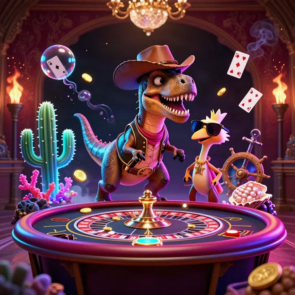 Cowboy T-Rex, cactus sidekick, and sheriff roadrunner amid neon casino treasure and sparks.