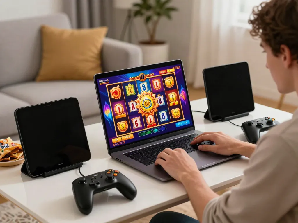 A person enjoying akunjp online slot gaming experience at home with vibrant graphics and gaming elements.
