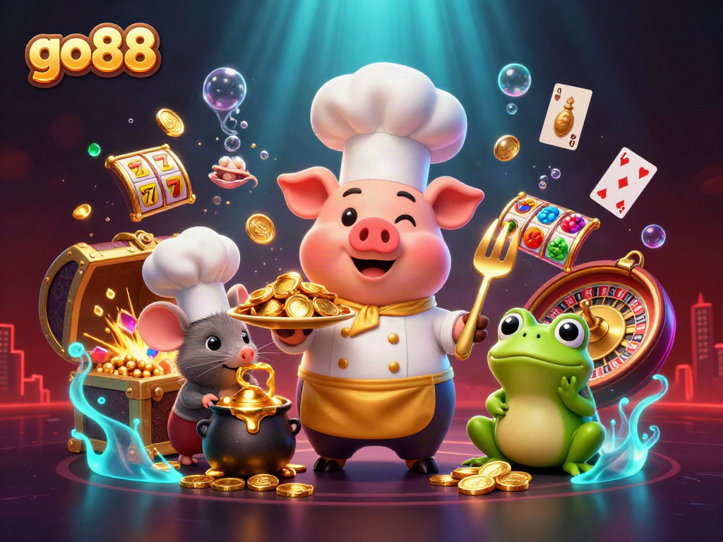 Go88's captivating online casino world, showcased with vibrant characters, gold coins, and rich gaming elements.